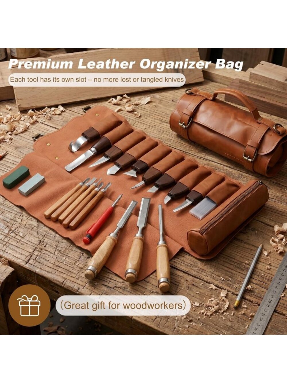 25-Piece Wood Carving Tool Set with Leather Storage Bag - Perfect for Beginners - Picture 5 of 7